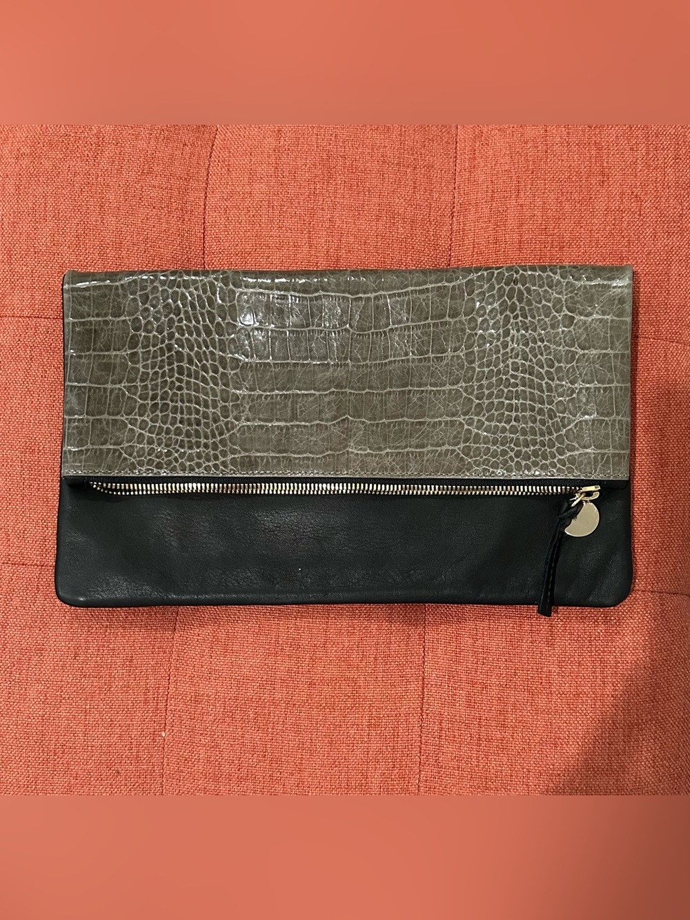 Two-Tone Croc-Embossed and Smooth Leather Clutch in Taupe and Black